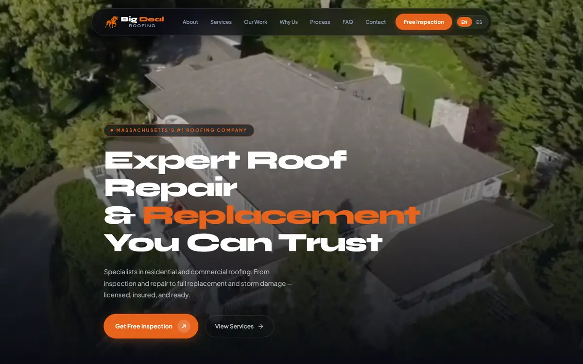 Página web de Big Deal Roofing: "Expert Roof Repair & Replacement You Can Trust" con foto aérea de un techo